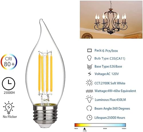 Miniatura 4 de BORT Bombillas LED B11, regulables de 4 W equivalentes a bombillas LED de 40 W, 2700 K blanco cálido, bombillas LED estándar E26 de base media,