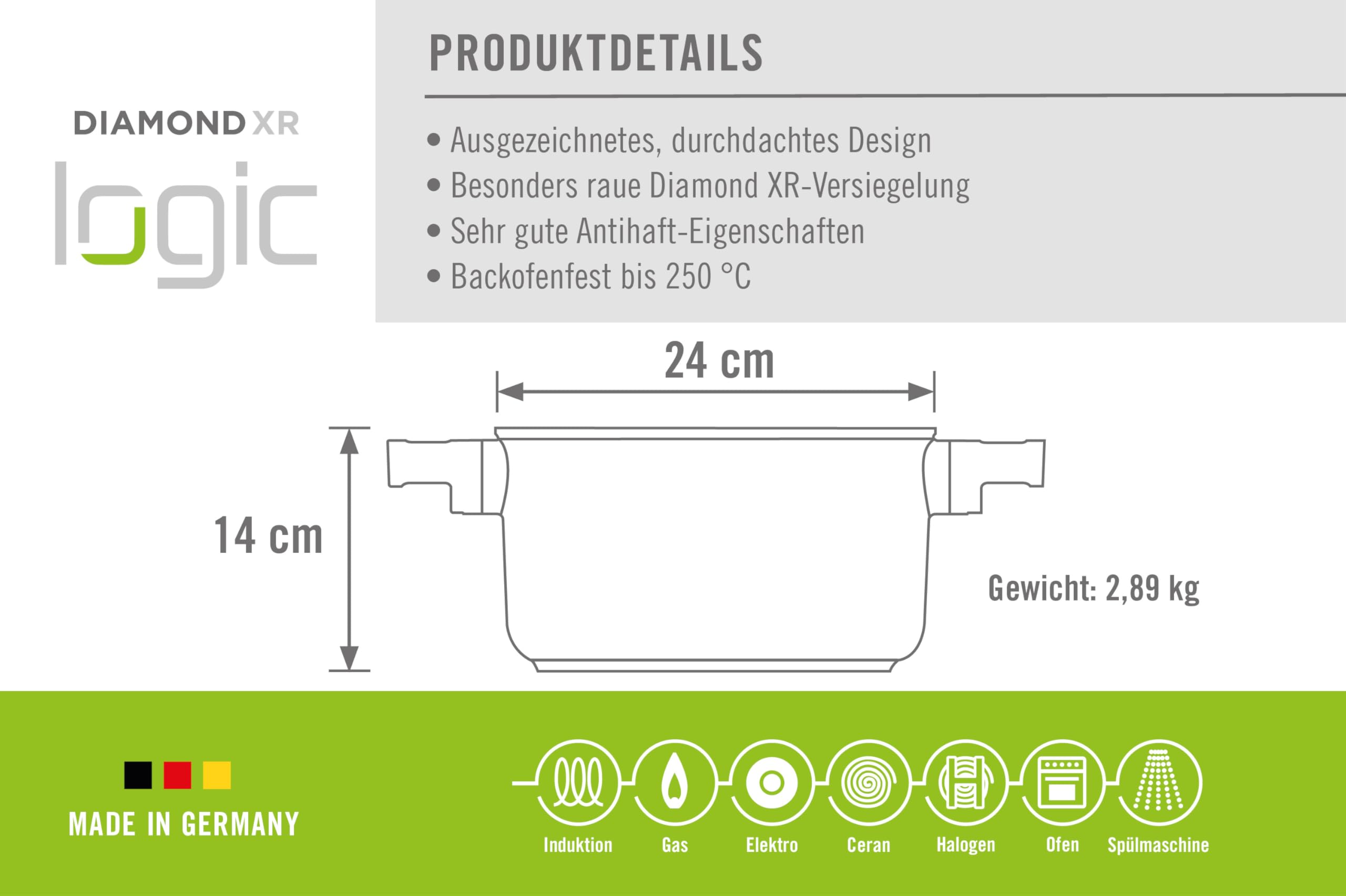 Woll Diamond Logic XR Pro Pan, inductief, 24 cm, 7 cm hoog, met afneembare roestvrijstalen steel, geschikt voor alle warmtebronnen, gegoten aluminium, antiaanbaklaag, ovenbestendig, zwart