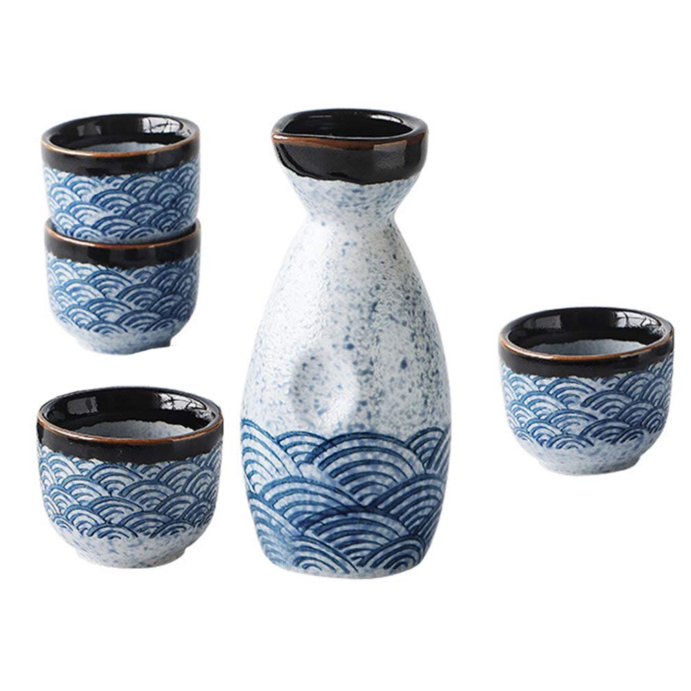 Housoutil Service De Tasses À Saké en Céramique Japonaise 4 Tasses 20 ML Et 1 Pot 180 ML Design Ondes pour Réceptions Familiales Et Décoration Intérieure