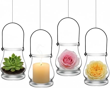 OUNONA Hanging Glass Candle Holder with Handle Clear Glass Candle Holder Ornaments for Tealight Candles Hydroponic Planters Home Table Decorations Wedding Party Indoor Outdoor Use 3.85 in