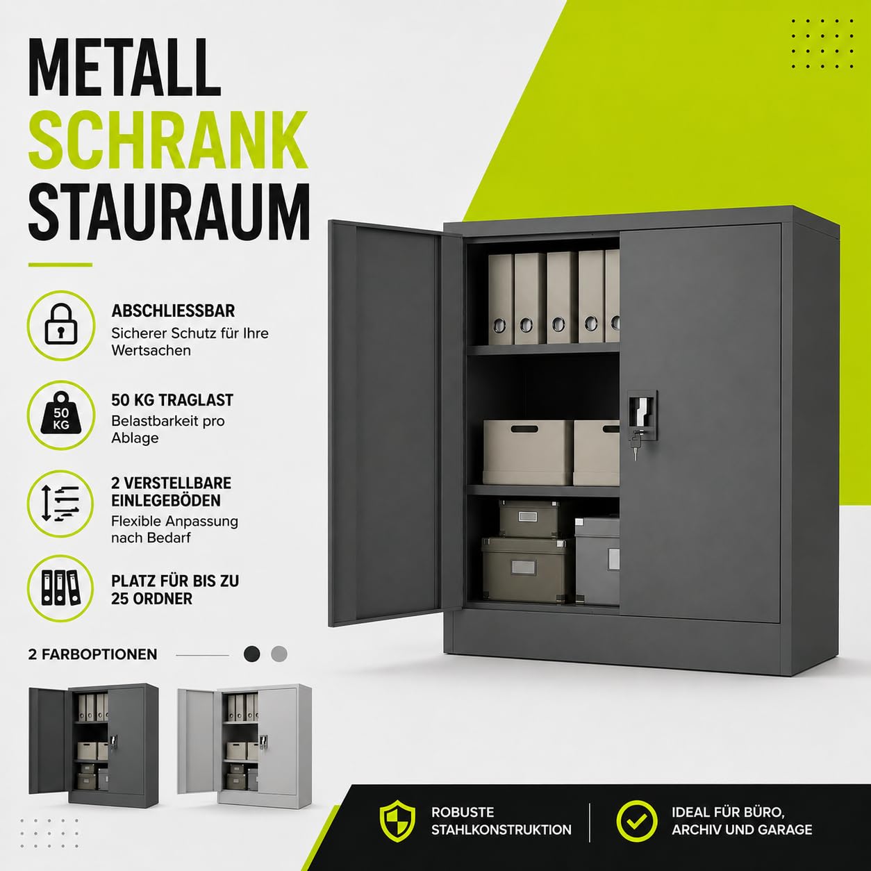 Muralo Metallschrank mit 2 verstellbaren Fachböden Abschließbar - Grau | Aktenschrank 90x90x40 cm mit Sicherheitszylinderschloss, Belastbar bis 50 kg, Pulverbeschichtung, ideal für Büro, Werkstatt