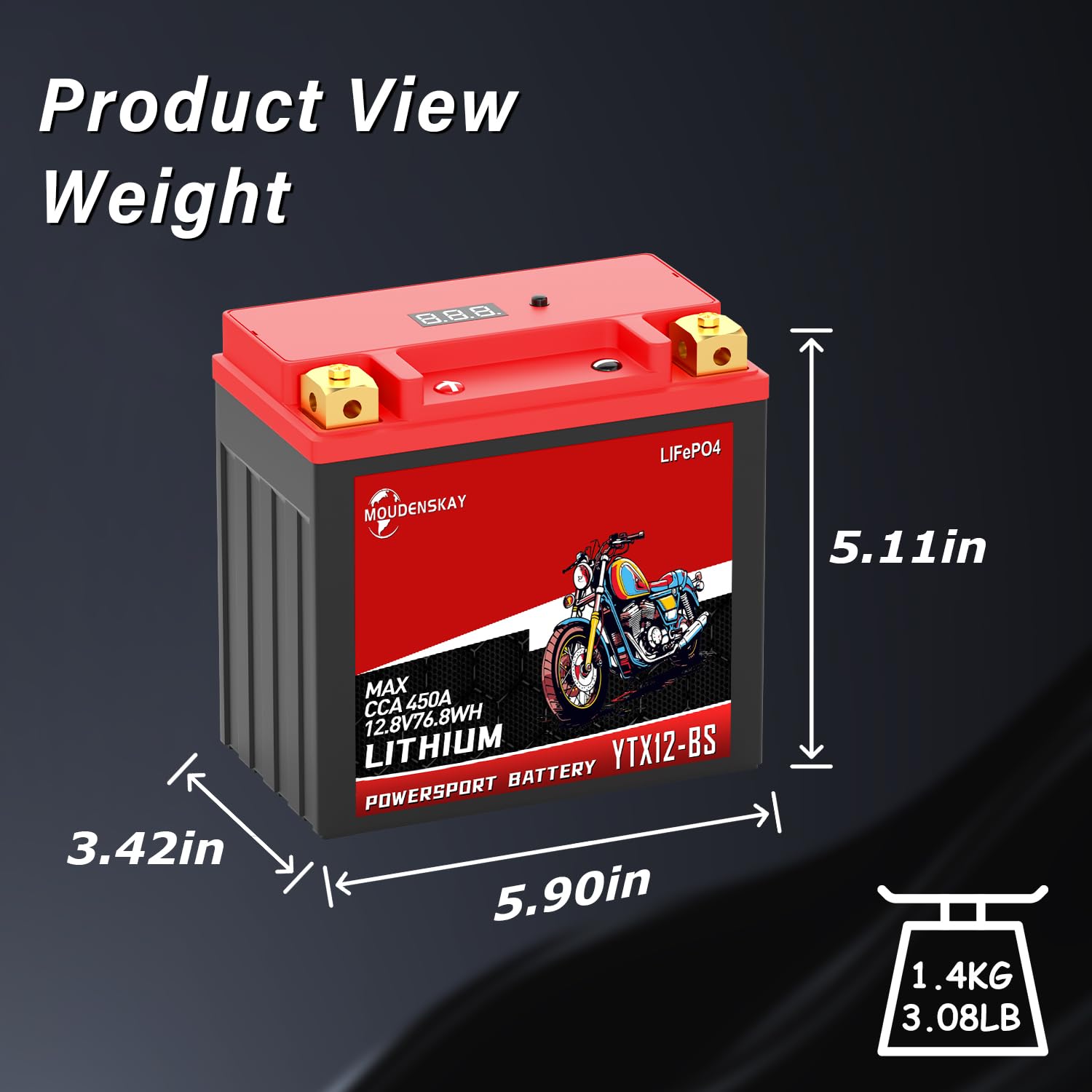 Akumulator litowy do motocykla 12 V litowy YTX12-BS Powersports z BMS i wyświetlaczem 76,8 WH 12,8 V 6 Ah 380-450CCA LiFePO4 akumulator rozruchowy do motocykli, ATV, UTV