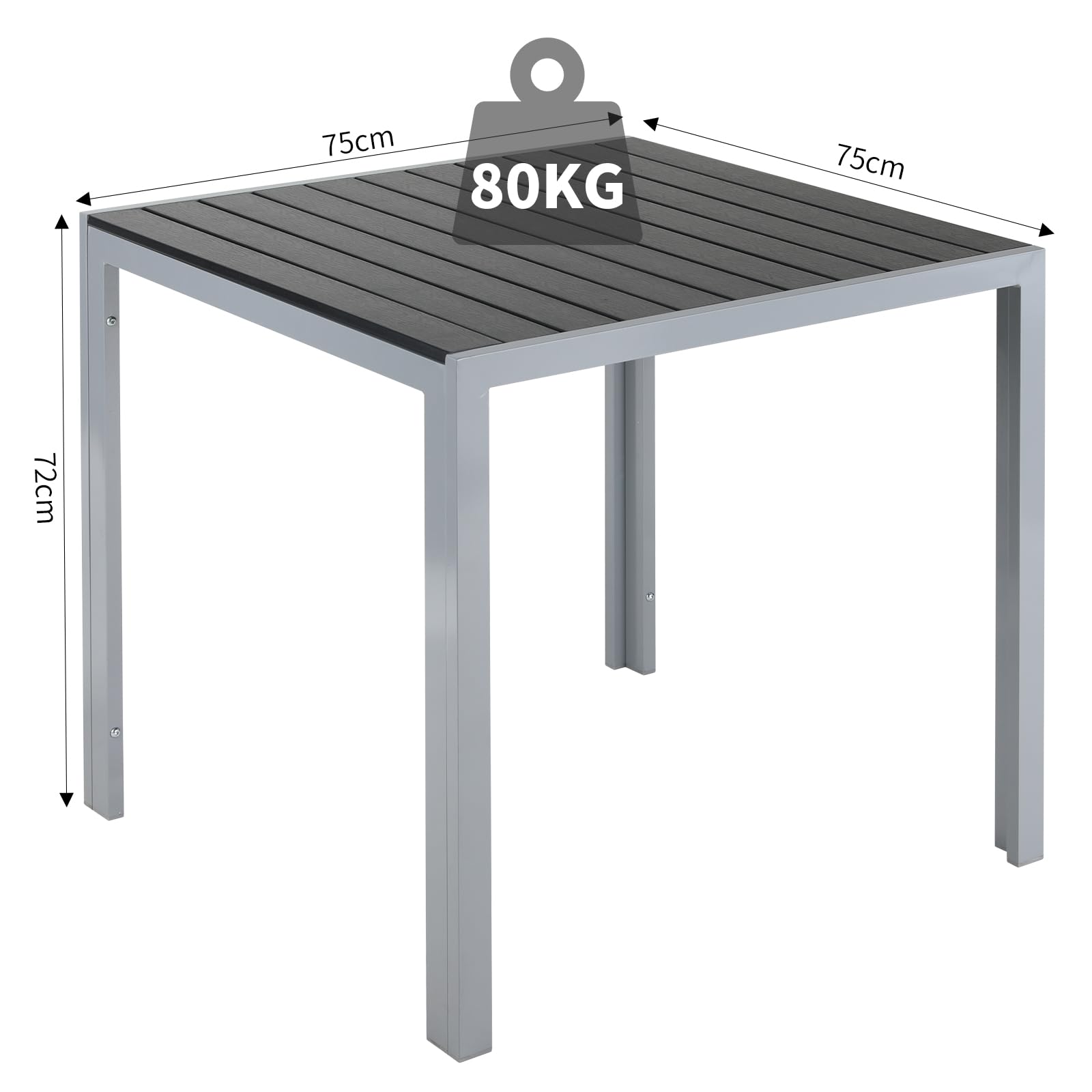 Clevich Gartentisch Wetterfeste, 75x75cm, Outdoor-Esstisch, WPC-Balkontisch, Aluminiumrahmen, Wetterfeste Gartenmöbel, quadratischer Terrassentisch, Silber Grau