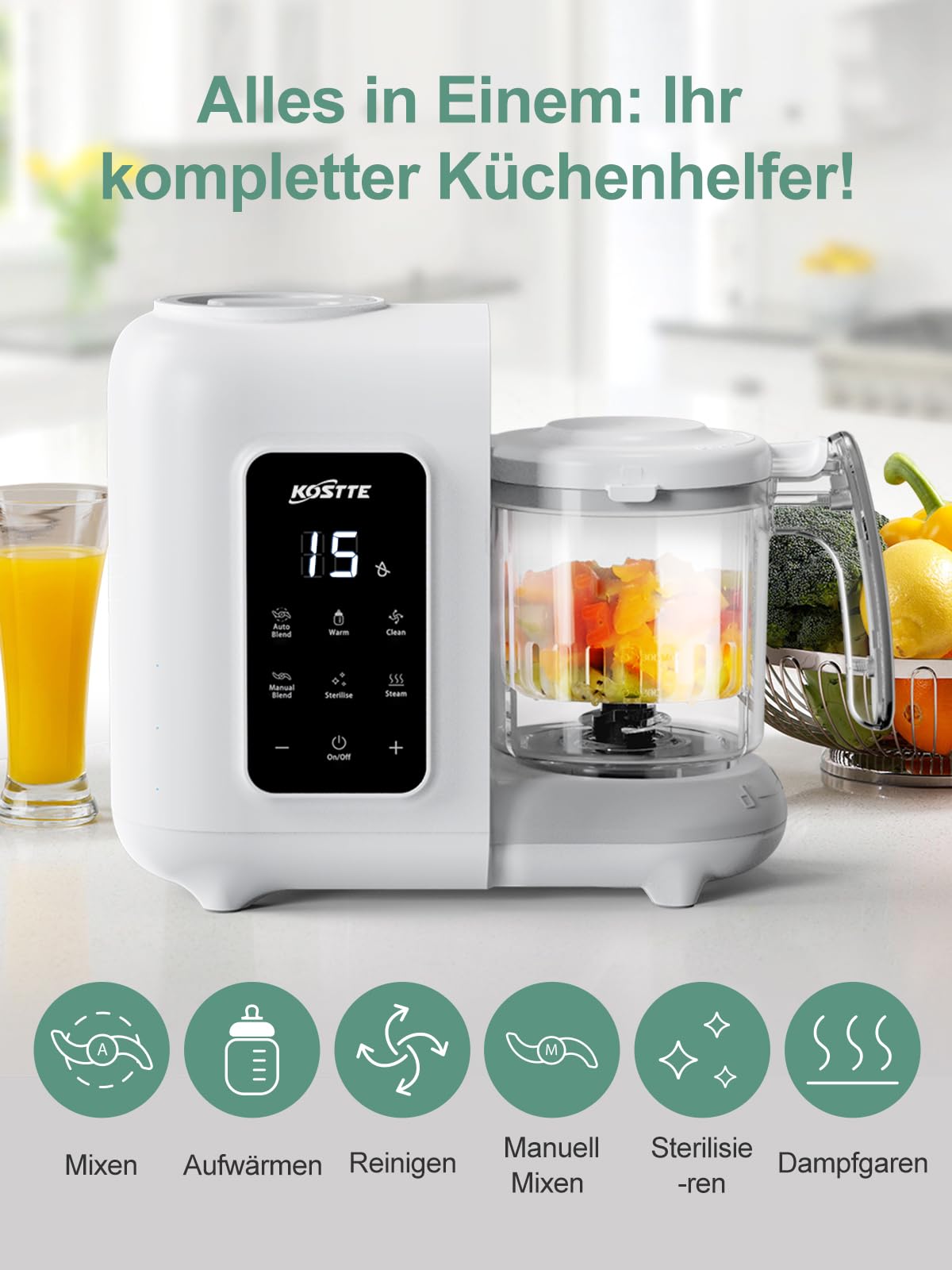 Babynahrungszubereiter 6-in-1, Dampfgarer Mixen mit Auftauen, Aufwärmen, Automatische Reinigungsfunktion, Babybrei Zubereiter Multifunktion, Baby Food Maker, Weiß