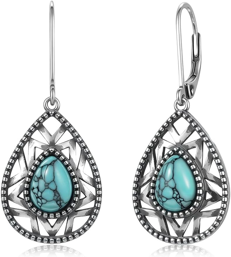 Turquoise Earrings for Women, 925 Sterling Silver Natural Stone Drop Dangle Earrings, Vintage Boho Western Celtic Inspired Jewelry for Daily Wear Birthday Anniversary Mother’s Day Gifts for Mom Wife Girlfriend