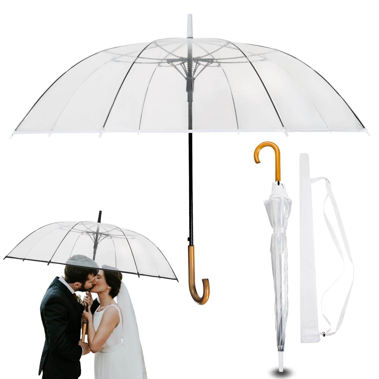 LOGAN & BARNES Durchsichtiger Regenschirm Hochzeit Echtholzgriff Ø120cm Transparent XXL Modell CARDIFF