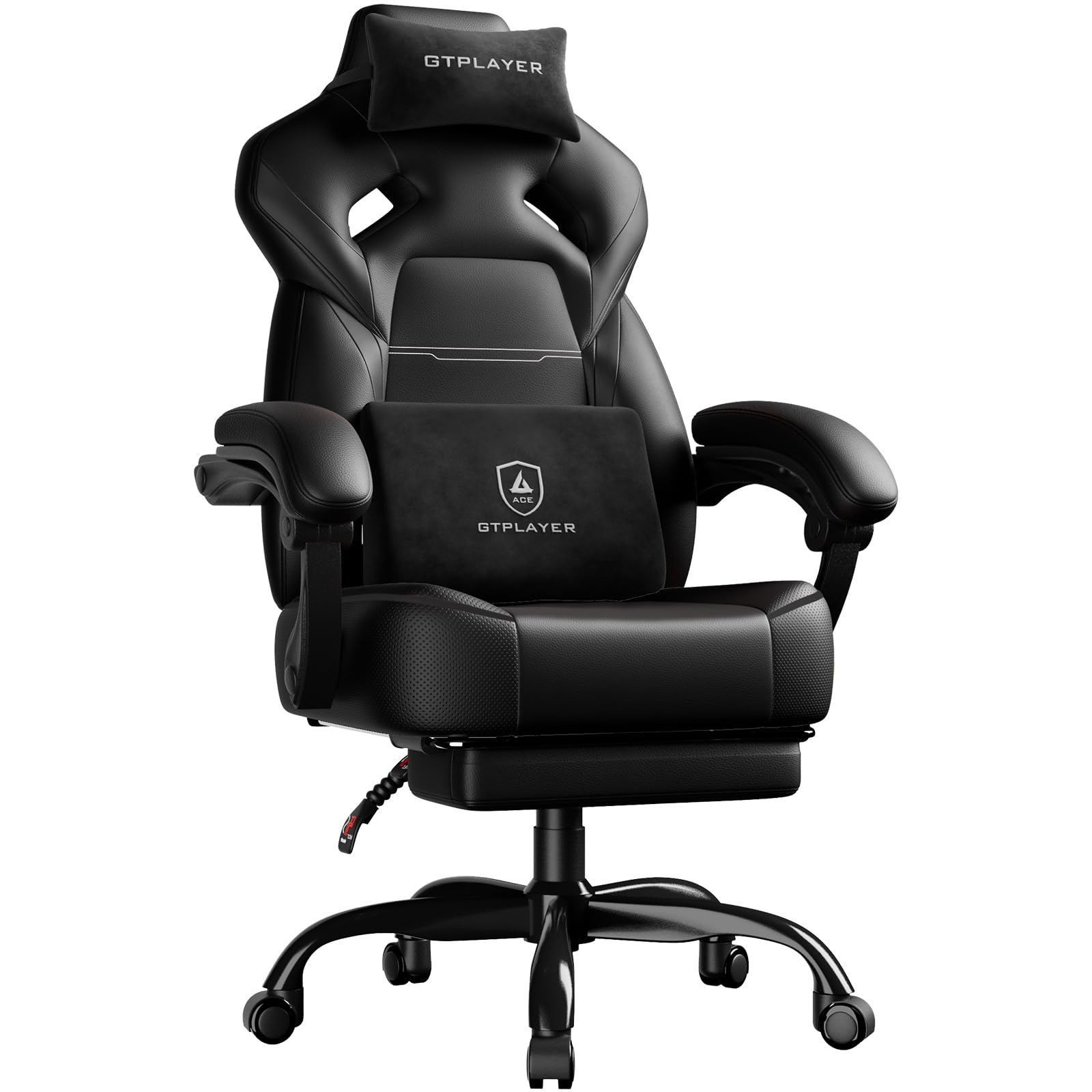 GTPLAYER Sedia da gaming, con poggiapiedi, cuscino lombare, poggiatesta, regolabile in altezza, braccioli regolabili con poggiapiedi, 200 kg, girevole, colore nero