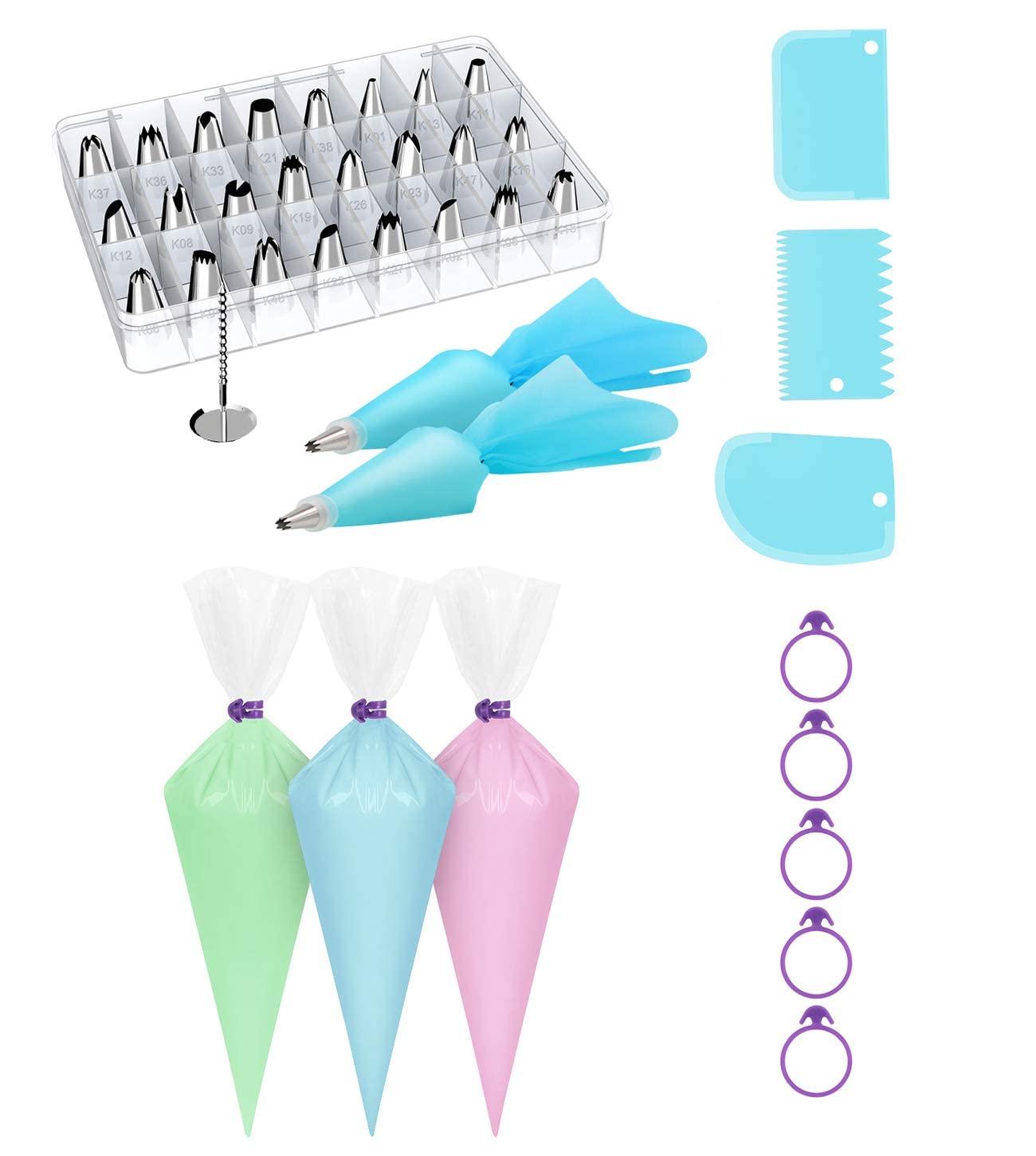 Kootek 137 Pcs Cake Decorating Tools - 24 Numbered Cake Tips, 2 Reusable Couplers, 102 Pastry Bags, 1 Flower Nail, 3 Icing Smoother and 5 Bags Ties