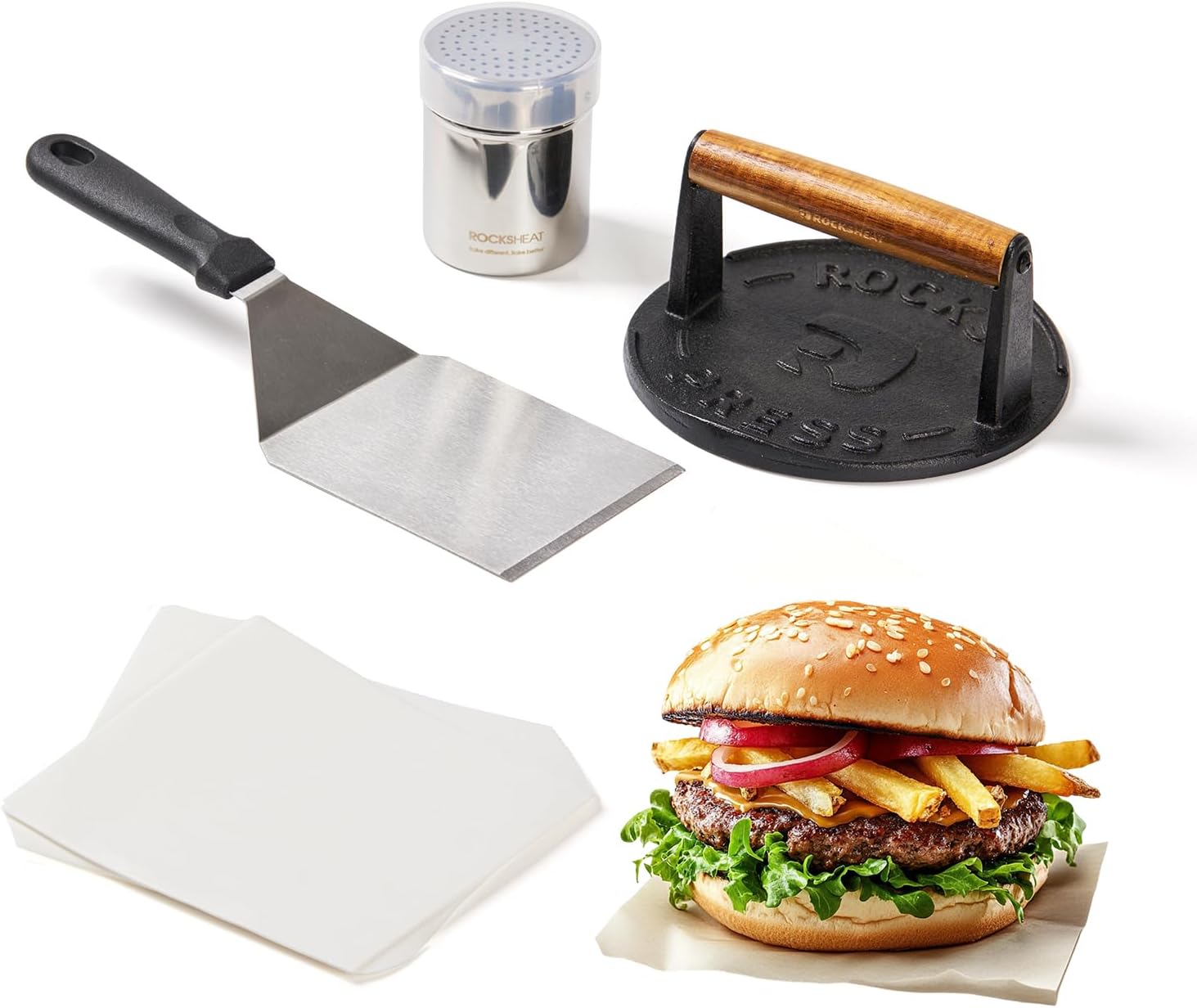 7 Inch Cast Iron Burger Press Set with Stainless Steel Spatula, Seasoning Shaker & Patty Papers - Heavy-Duty Smash Burger Maker for Griddle, BBQ & Camping