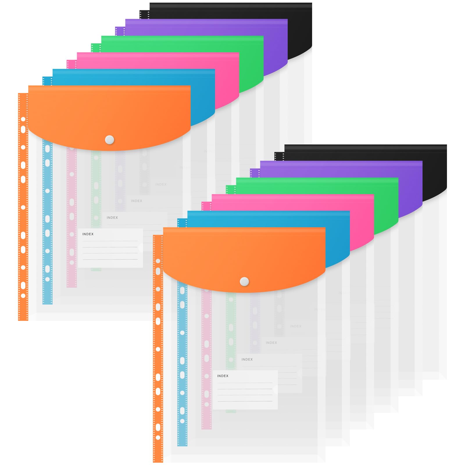 Binder Pocket Organizer Folders, 12 Pack Expandable Files Bag Plastic Envelopes Binder Folders with 11 Holes for 2/3/4 Ring Binder, Document Pouch