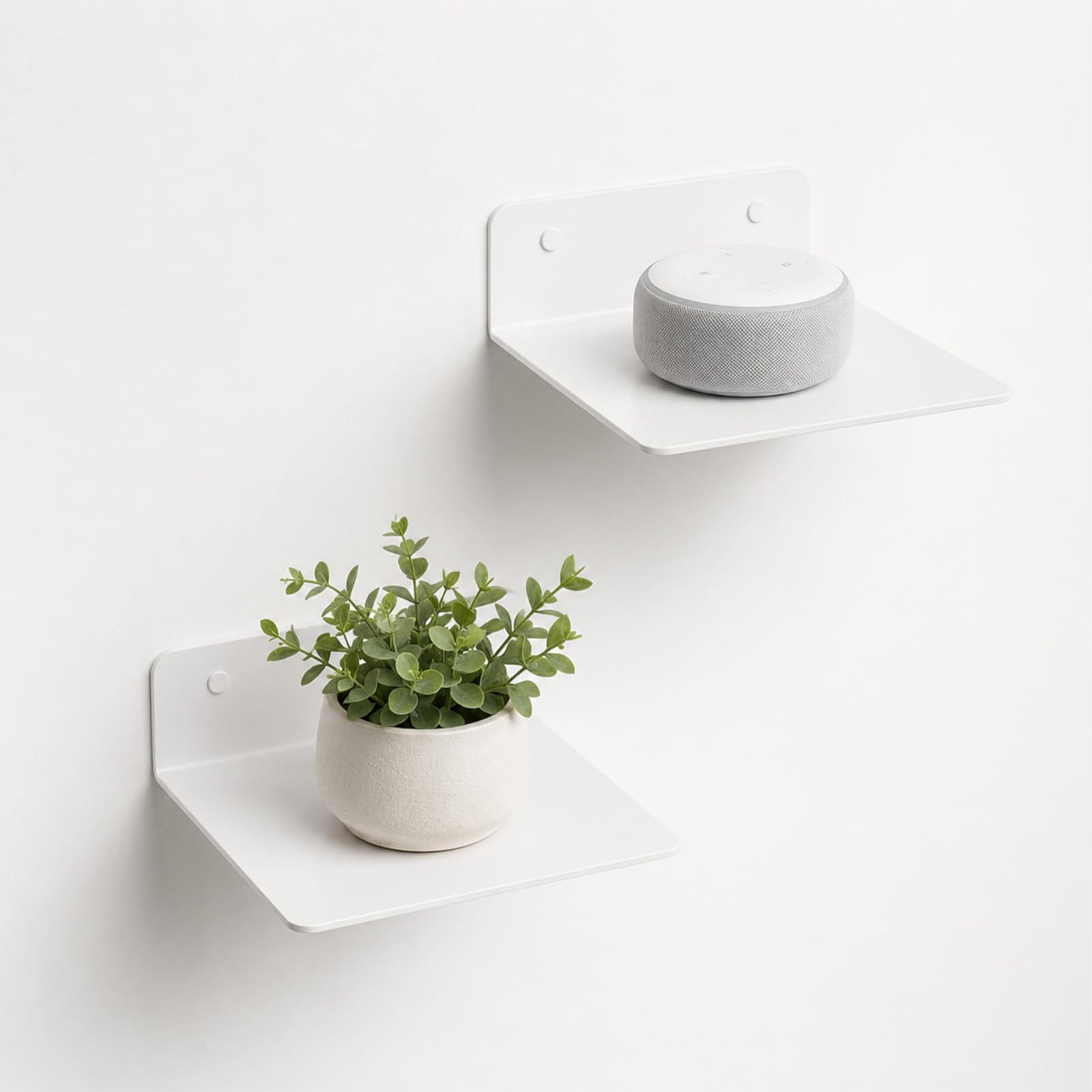 FERNVALE Wall Shelf White Mini Floating Shelves Drilling or Adhesive Wall Shelf for Smart Speaker Camera Clock Plant Display Wall Mounted Storage Shelf for Bedroom Bathroom Living Room (2-Pack)