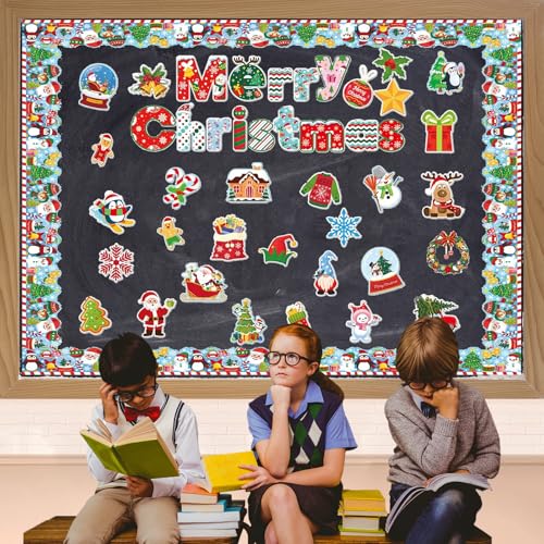 Christmas Bulletin Board Decorations Set 83Piece Santa Xmas Tree Snowflake Cutouts with Borders for Classroom Bulletin Board Decor Xmas Wall Decals for School Office Home Winter Holiday Decor