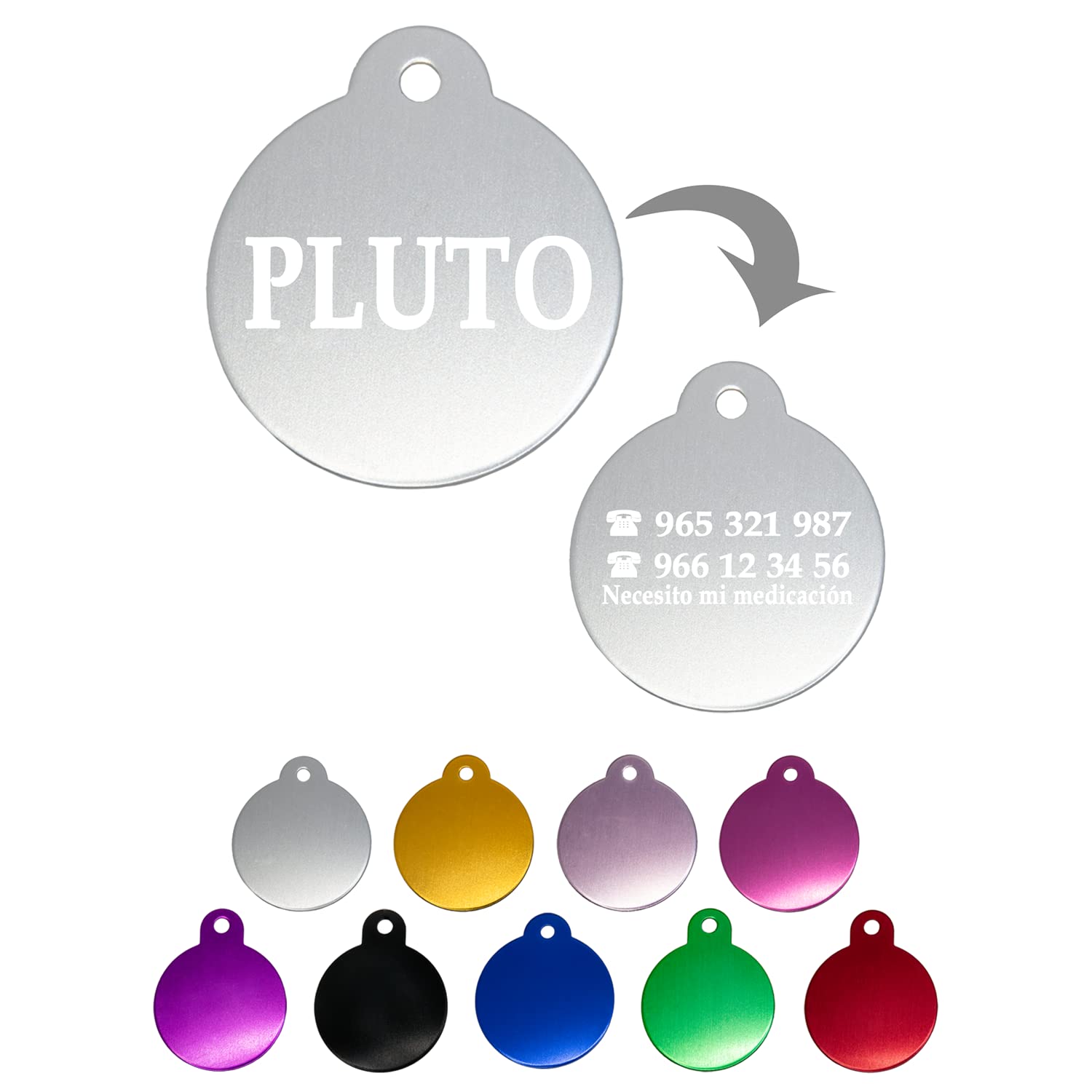 Iberiagifts - Placa de identificación redonda para mascotas medianas-grandes chapa medalla de identificación personalizada para collar perro gato mascota grabada (Plateado)