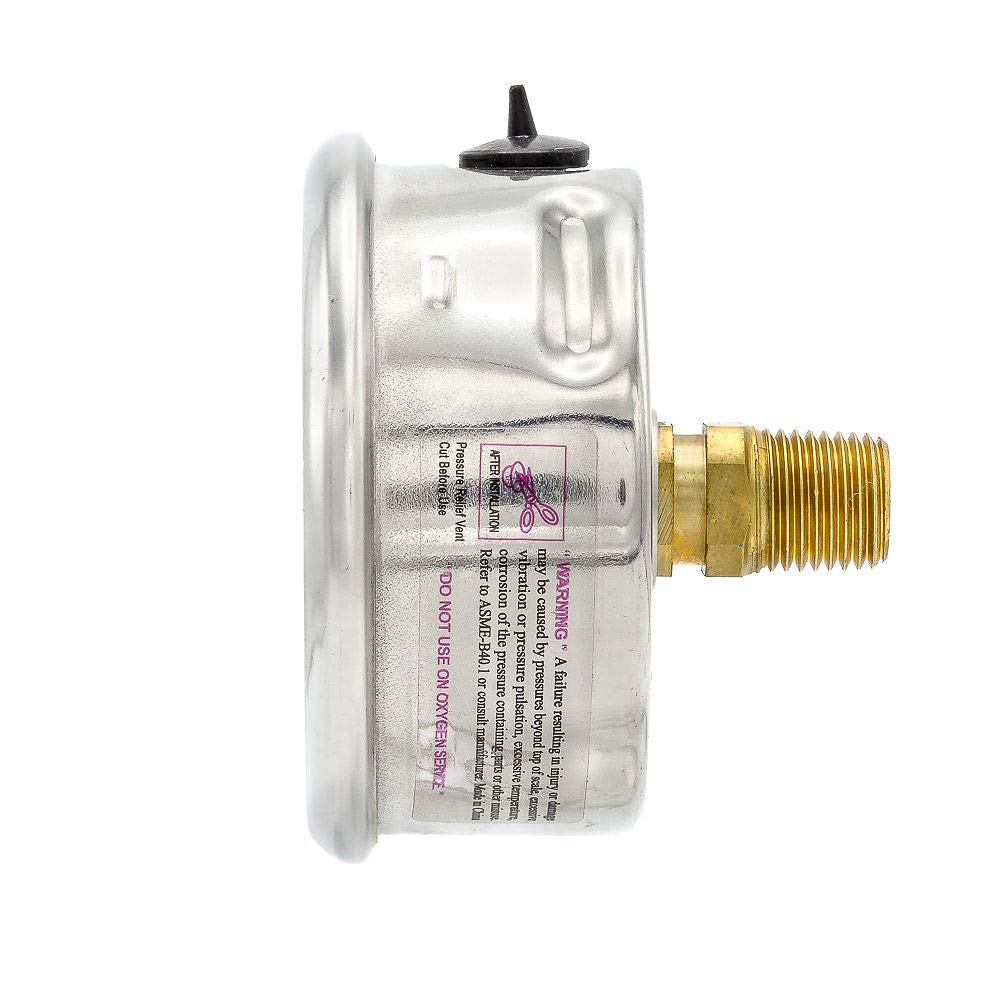 PIC Gauges AG-202L-254M Center Back Mount Glycerin Filled Single Scale Pressure Gauge w/ SS Case/Bezel, Brass Internals, Plastic Lens, 2.5" Dial, 1/4" Male NPT, 0-1000 psi Range