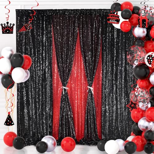 Image of Black Sequin Backdrop Curtain Drapes Wall Backdrop Party Decorations 8x8FT | Twilight Sparkle Glitter Fabric for Photography Background /Wedding /Baby Shower /Pincess Happy Birthday /Theme Party