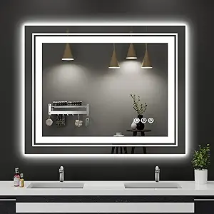 39x31 LED Bathroom Mirror with Front and Backlight, Dimmable Lighted Bathroom Vanity Mirror with Anti-Fog, Memory Function,Tempered Glass(Horizontal/Vertical)