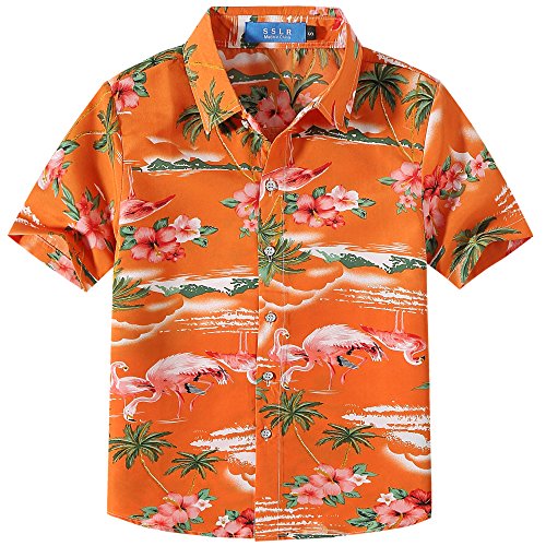 SSLR Camisa Manga Corta con Estampado de Flamencos y Flores Estilo Hawaiana para Niño (X-Small, Naranja) Cover