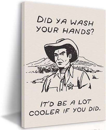 Arte de pared de cocina retro enmarcado de vaquero blanco y negro, impresiones en lienzo con texto en inglés "Did You Wash Your Hands", bonitas