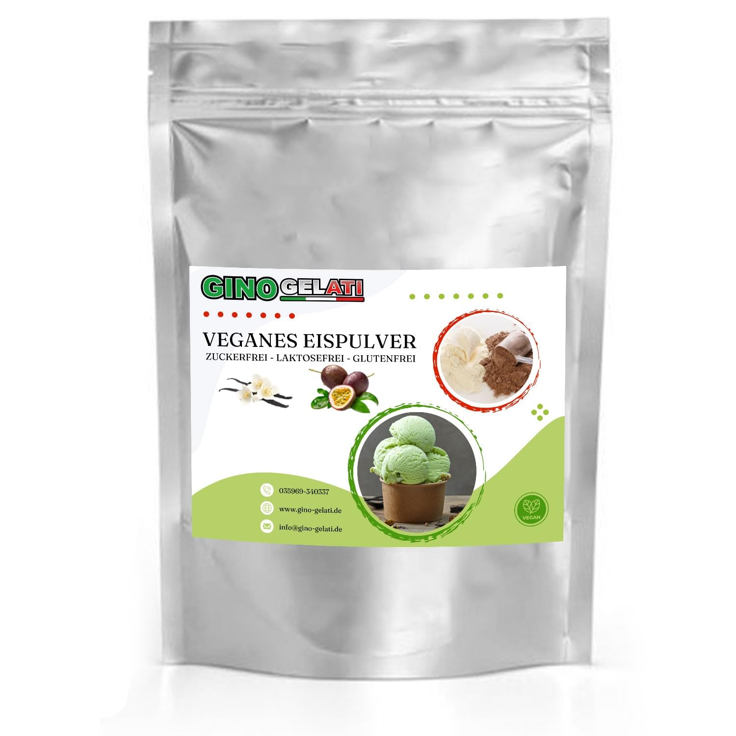 Gino Gelati Vanille Veganes Eis Pulver Zucker-, laktosefrei, schnelle und einfache Zubereitung, Made in Germany, Eiscreme selbstgemacht, ohne Zucker (10 Kg, Vanille Maracuja)