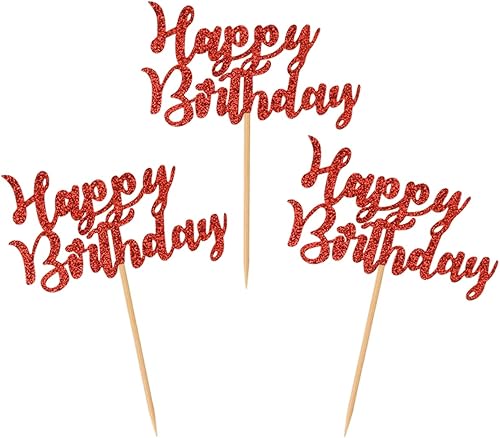 Donoter 24 piezas de adornos para cupcakes de feliz cumpleaños rojo con purpurina para decoración de fiestas de cumpleaños