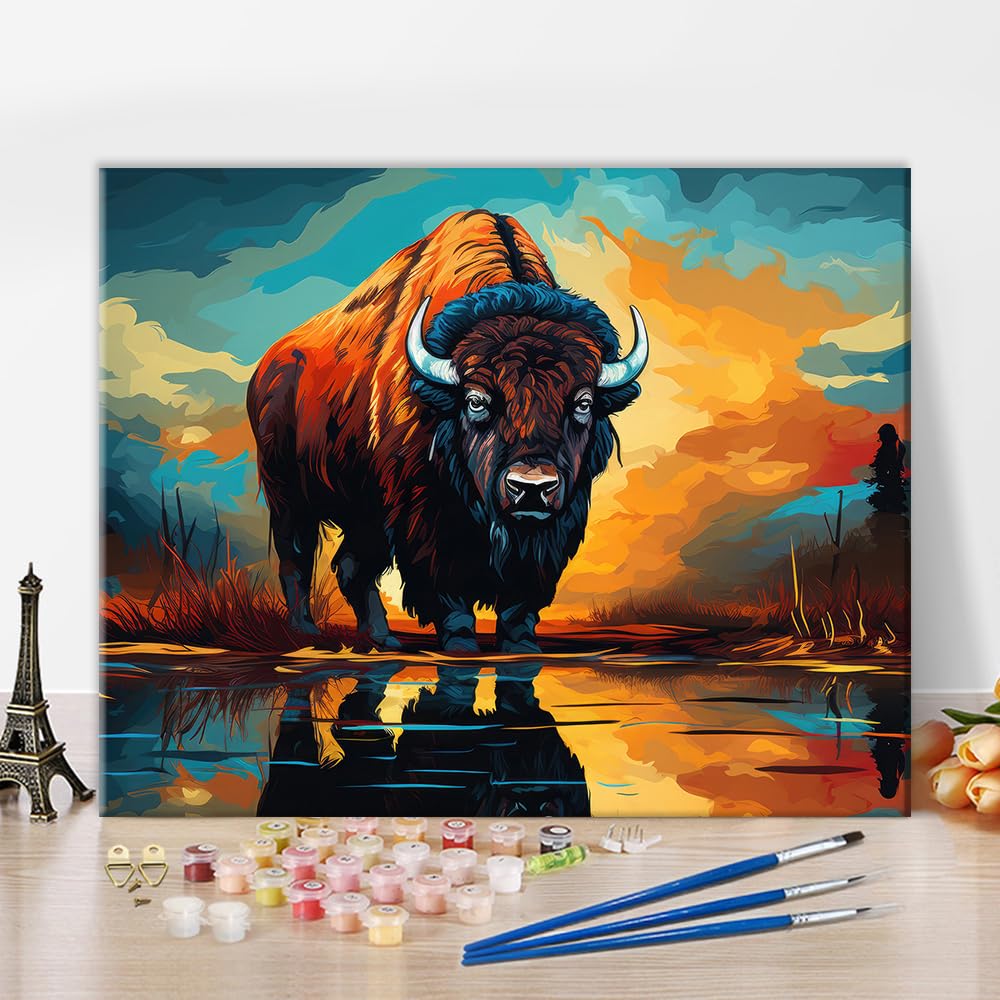 Rebotipy Paint by Number for Adults Beginner, American Bison DIY Painting by Numbers Kits for Kids Paint Kits Animals Digital Glitch Art Crafts for Home Decor 16x20 Inch