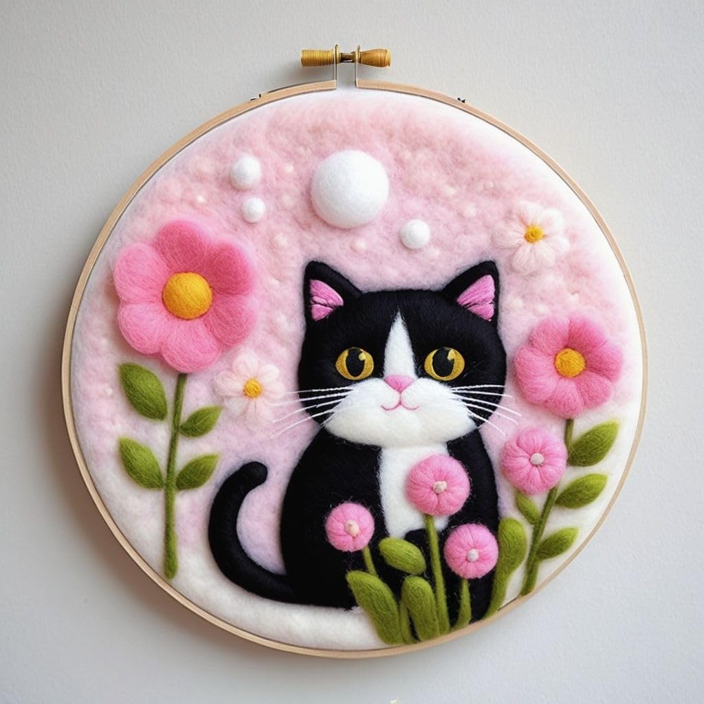 Needle Felting Kits Beginners, Cat Pattern DIY Wool Needle Felting Starter Kit, Easy Needle Felt Set with Picture Frame, Foam Pad, Felt Cloth and Instructions for Home Decoration (black and white cat)