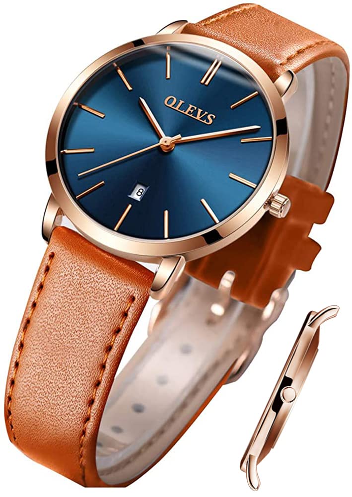 OLEVS Quarz Damen Uhr Elegante Armbanduhr Lederarmband Wasserdicht 30M Datumsanzeige Leuchtende Frauen Uhr Geschenke zum Muttertag