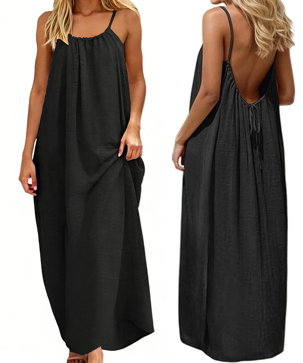 ABINGOO Vestito Estivo Donna Lungo Lino Abito Casual Tinta Unita Senza Maniche Loose Maxi Abiti Senza Schienale con Cordino