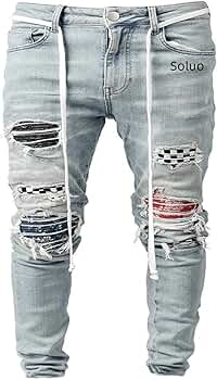 Men's Vintage Ripped Patch Jeans Printed Pattern Skinny