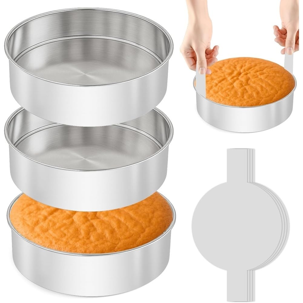 Aundhegrtt Round Bakeware-8 Inch Cake Pan(3PCS) Stainless Steel Baking Pans with 100 PCS Parchment Paper Layer