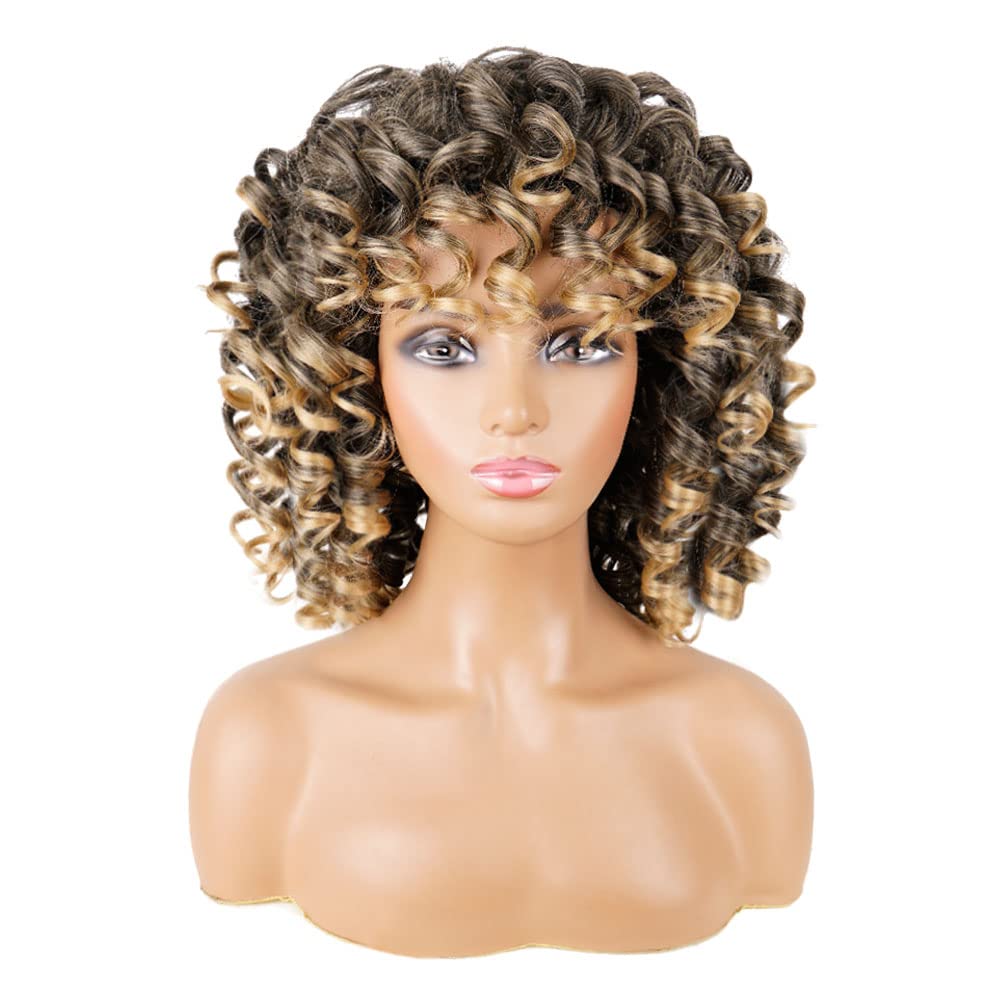 AIDUSA Short Loose Curly Wigs for Black Women Ombre Wig Fluffy Weave Curl Afro Wig for Black Women Synthetic Hair Wig Natural Half Wigs for Women Soft Hair Blonde Wigs (#T27 Black to Dark Blonde)