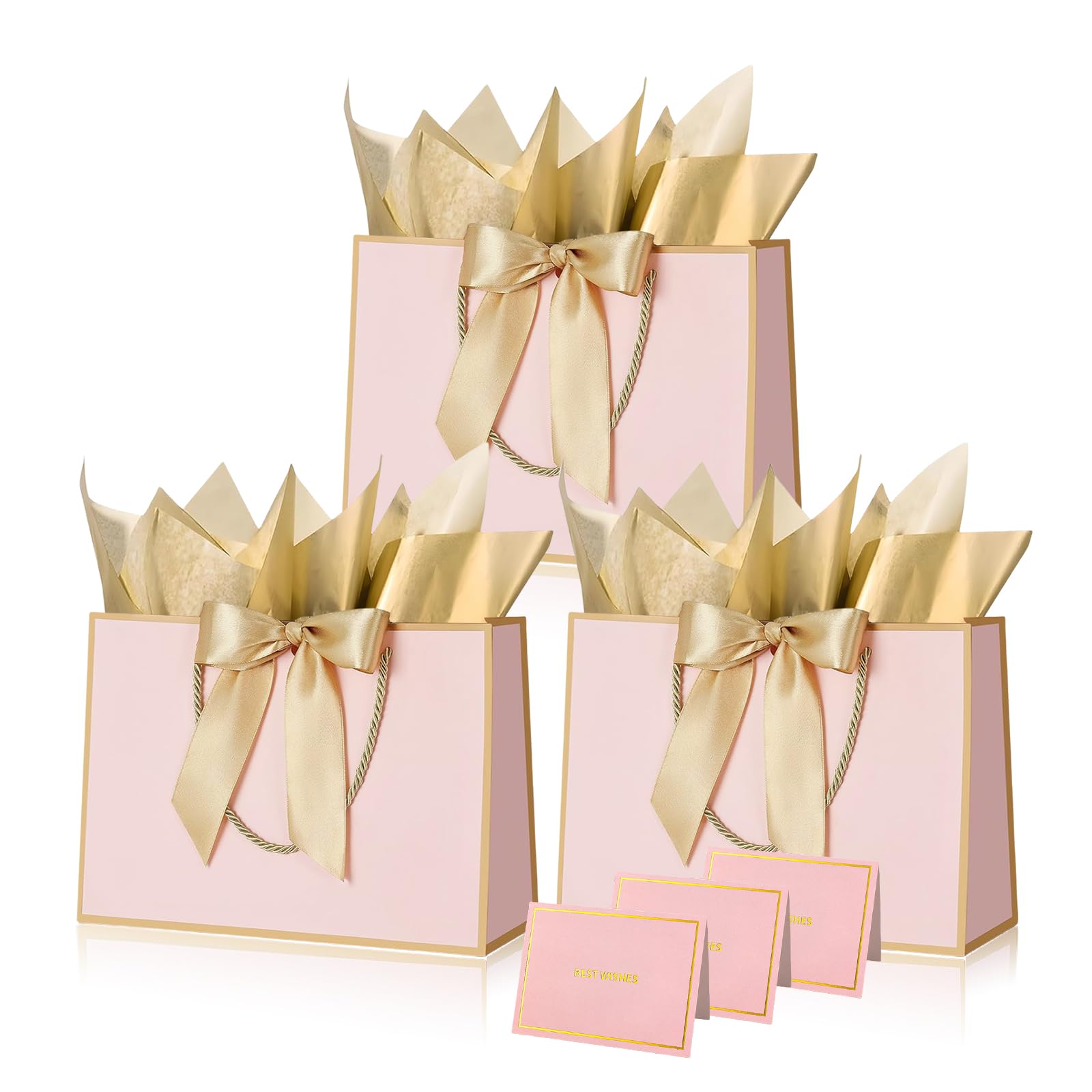 Pink Gold Paper Gift Bags with Handles,3pcs Medium Gift Bags for Presents,Wrapping Gift-Bag with Bow Ribbon Tissue Papers and Cards,28*20*10cm Wrapping Bag for Christmas Birthday Wedding Bridesmaid — image 1