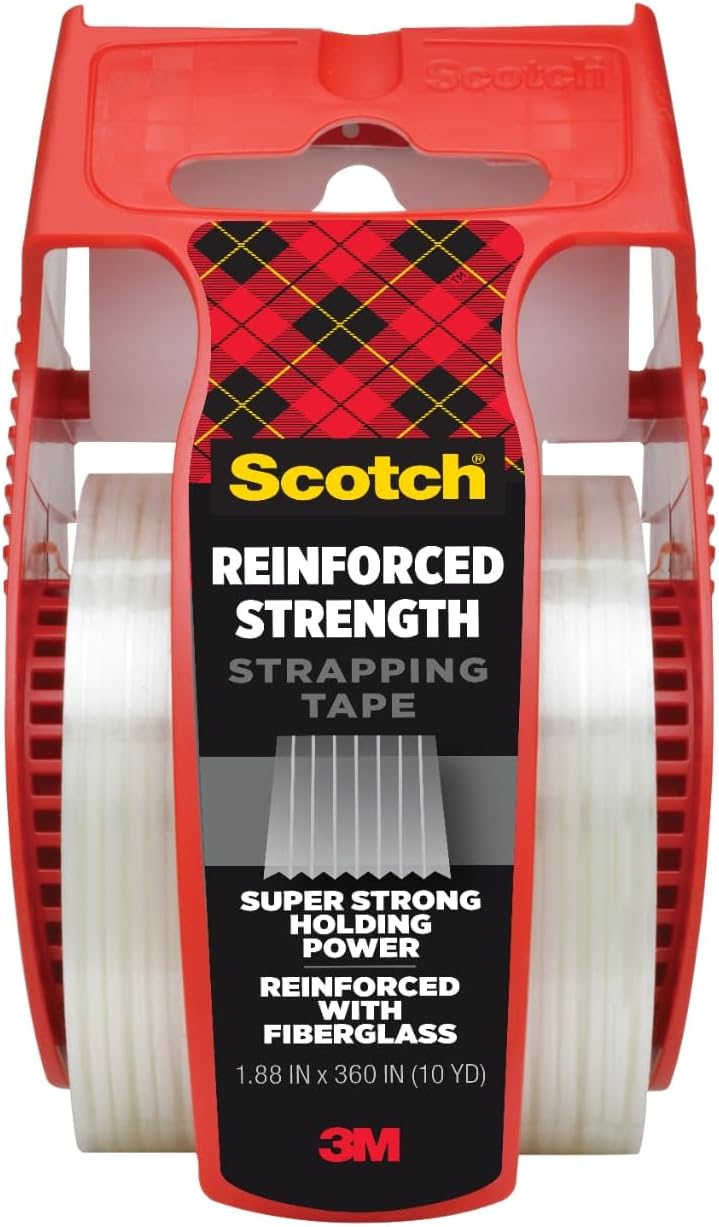 Reinforced Strength Strapping Tape, 1.88 in x 360 in, Clear, 1 Roll with Dispenser, Heavy Duty Packing Tape for Shipping, Moving, and Storage