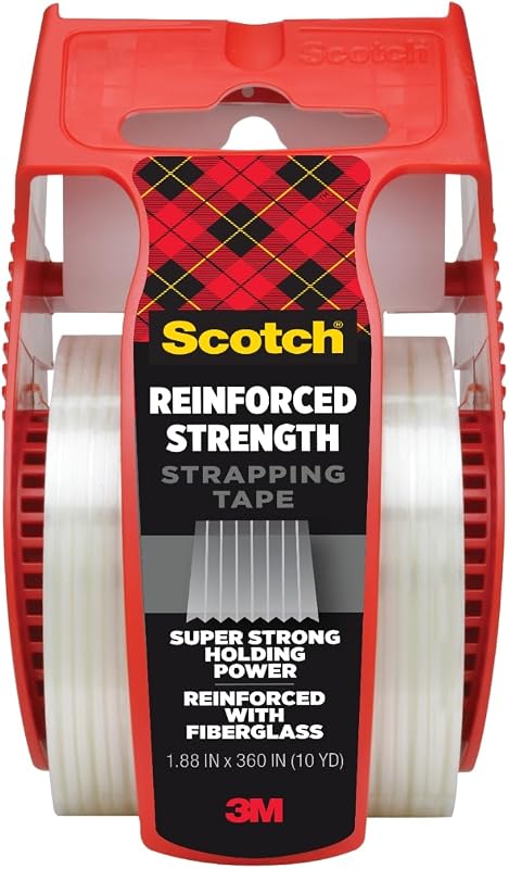Scotch Reinforced Strength Strapping Tape, 1.88 in x 360 in, Clear | 1 Roll with Dispenser, Heavy Duty Packing Tape for Shipping, Moving, and Storage