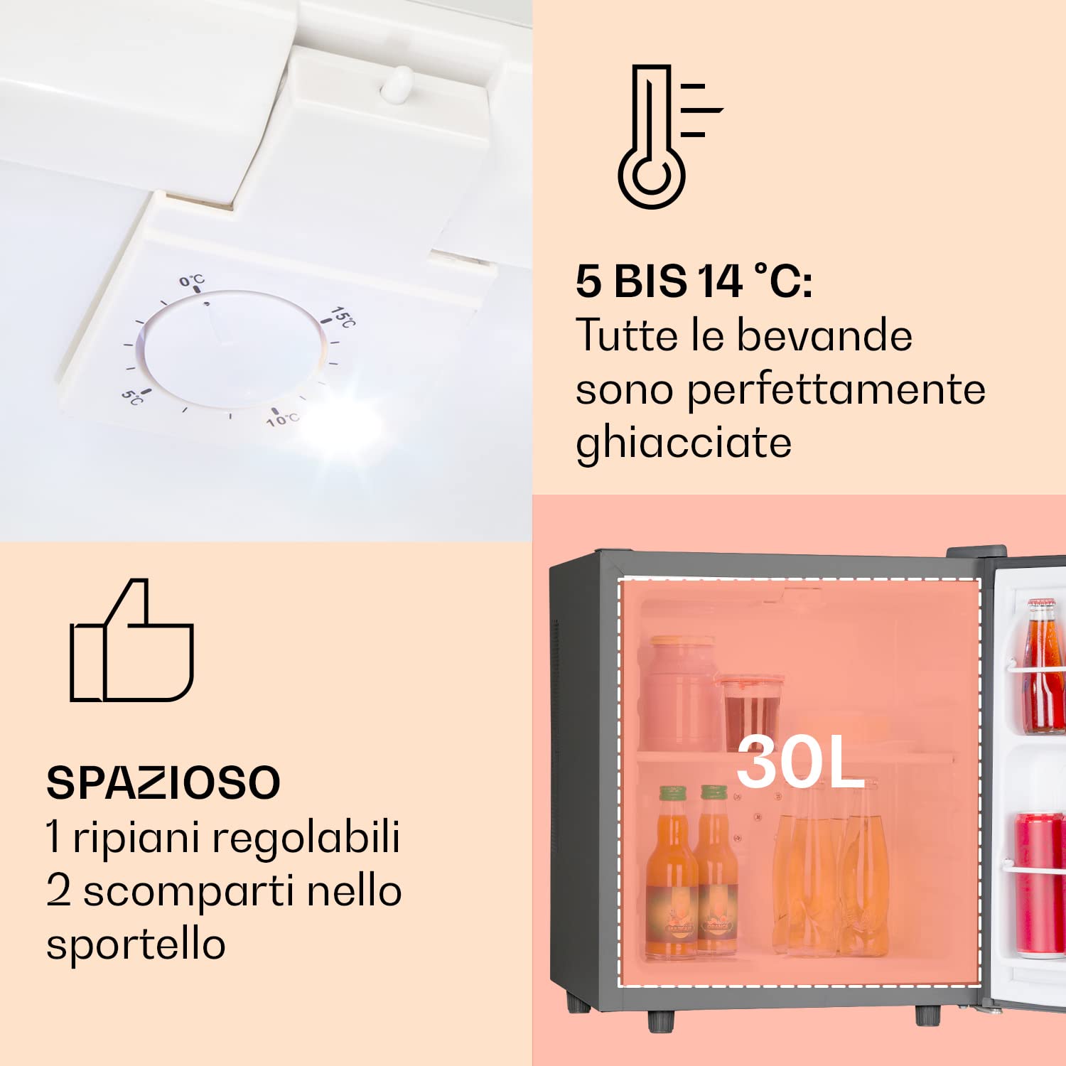 KLARSTEIN Mini Frigo Bar Portatile da Camera, Frigorifero Piccolo da Ufficio, Defrost Manuale, Ripiani Rimovibili, per Campeggio e Skin Care 5-15°C, 30L