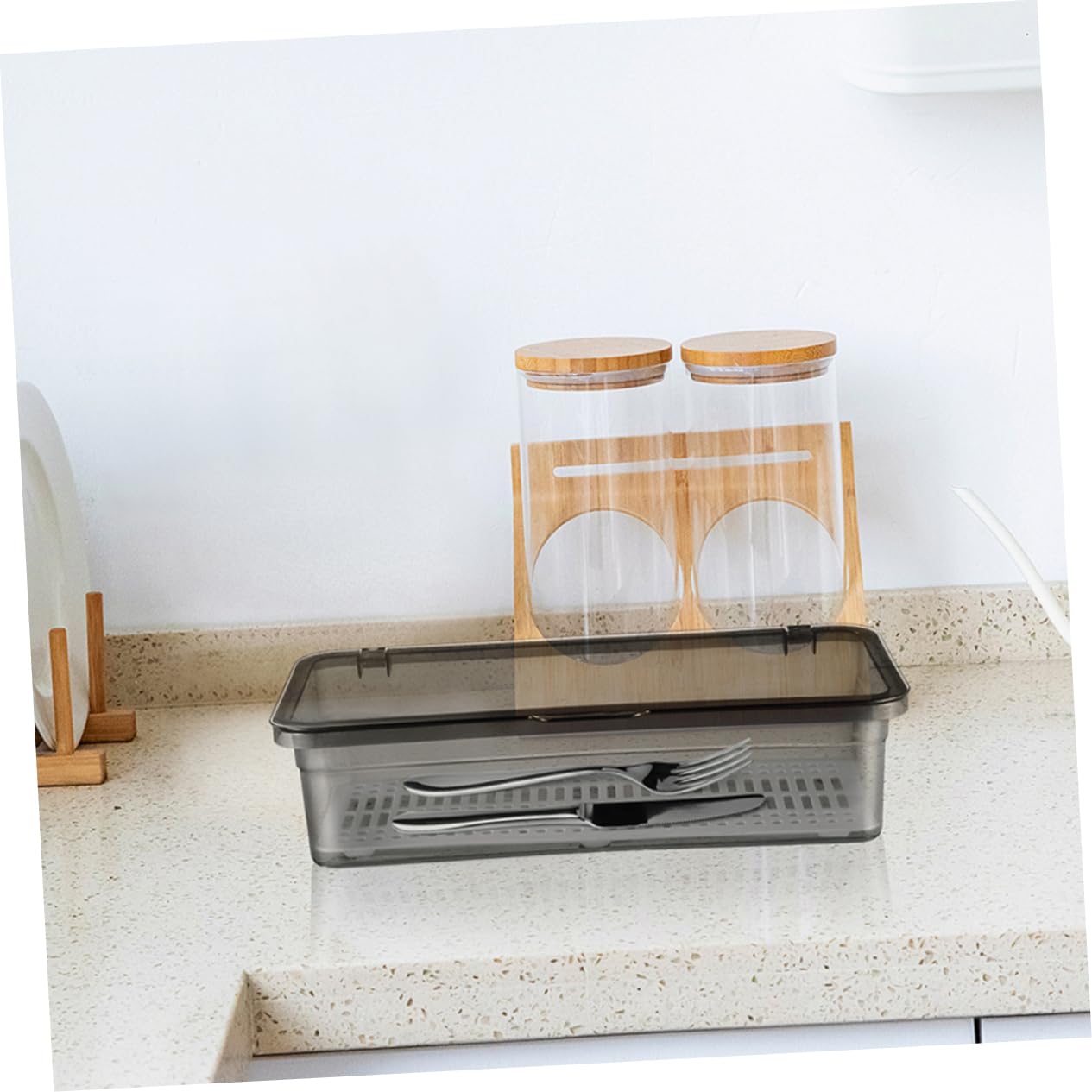 Mobestech 3 Ensembles Boîte De Rangement pour Couverts Organisateur De Couverts Drainage Couvercle Porte Ustensiles De Cuisine Compact pour Maison Restaurant 2 Pièces * 3