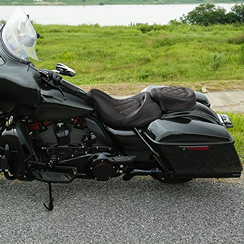 Xfmt Low-Profile Leather Seat Pillion Passenger Rider Seat Set For Harley Touring Road King Street Glide Road Glide Electra Glide Cvo 2009-2023 (Style 2 - Orange Stitching) #TOP5