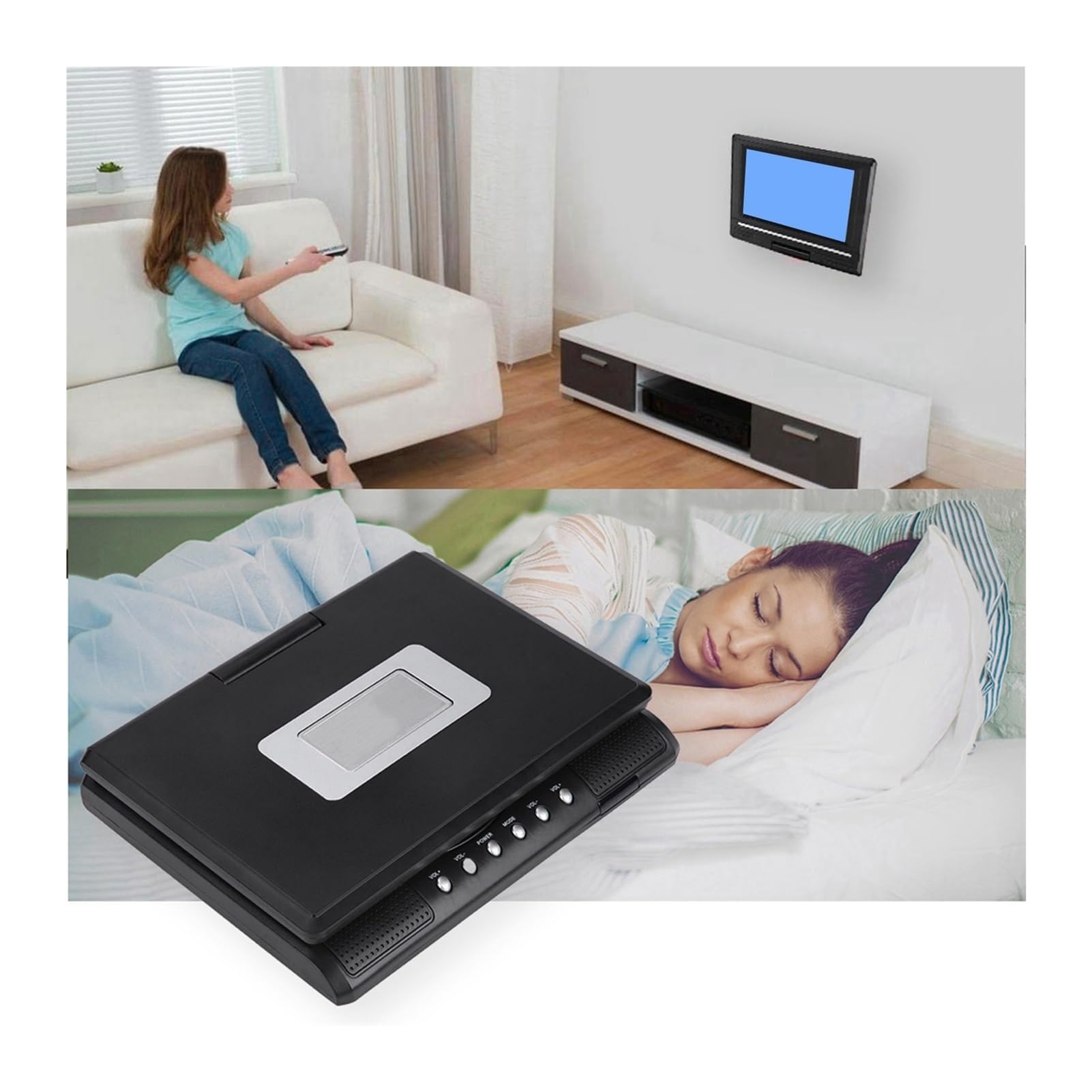 Lecteur DVD portable 7 pouces - Lecteur DVD de voiture rechargeable à écran pivotant avec TV et manette de jeu