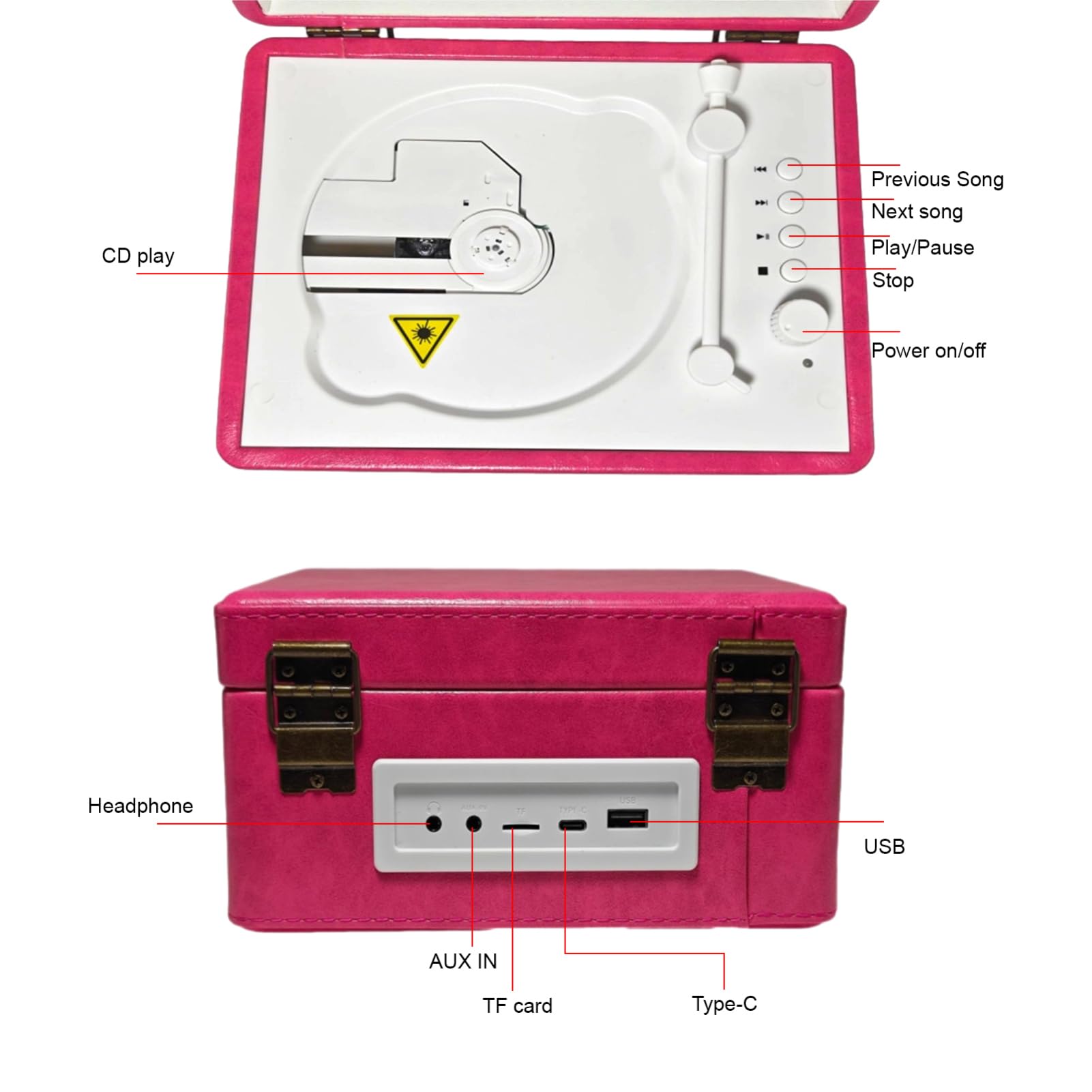 Odtwarzacz CD, Wielofunkcyjny Typ Tacki BT Cassette Record Player Remot Contraon, Bezprzewodowe Strumieniowanie Muzyki, Obsługuje Odtwarzanie Karty Pamięci TF do Domu, na (Rosa)