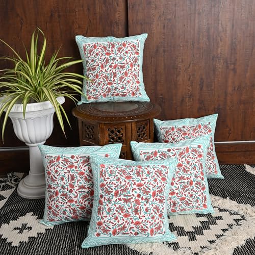 Image of Cotton Cushion Covers 16x16 Inch - Hand Block Floral Print Pillow Covers for Sofa, Couch & Bedroom (Pack of 5) (Light Green)
