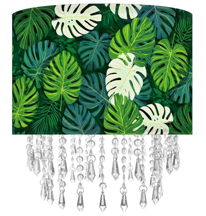 Green Leaf Tropical Leaf Light Shade with Acrylic Bead Droplets, Drum Fabric Lampshade for Ceiling Pendant Table or Floor Lamps, Botanical Nature Home Decor, 40cm