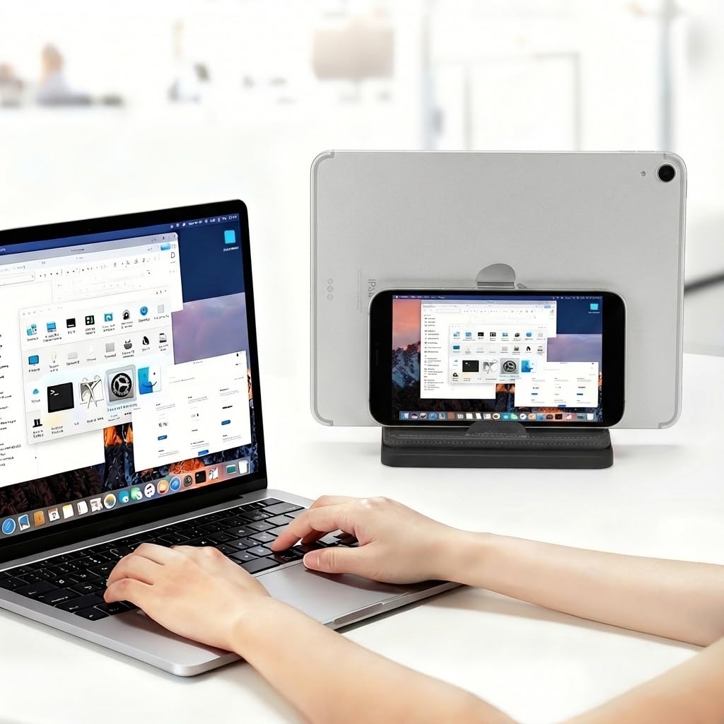 Supporto verticale doppio per laptop, 3 in 1, supporto verticale da scrivania con dock regolabile (fino a 43,3 cm), organizer da scrivania in pelle per telefono, tablet, MacBook, HP, Dell, Chrome Book
