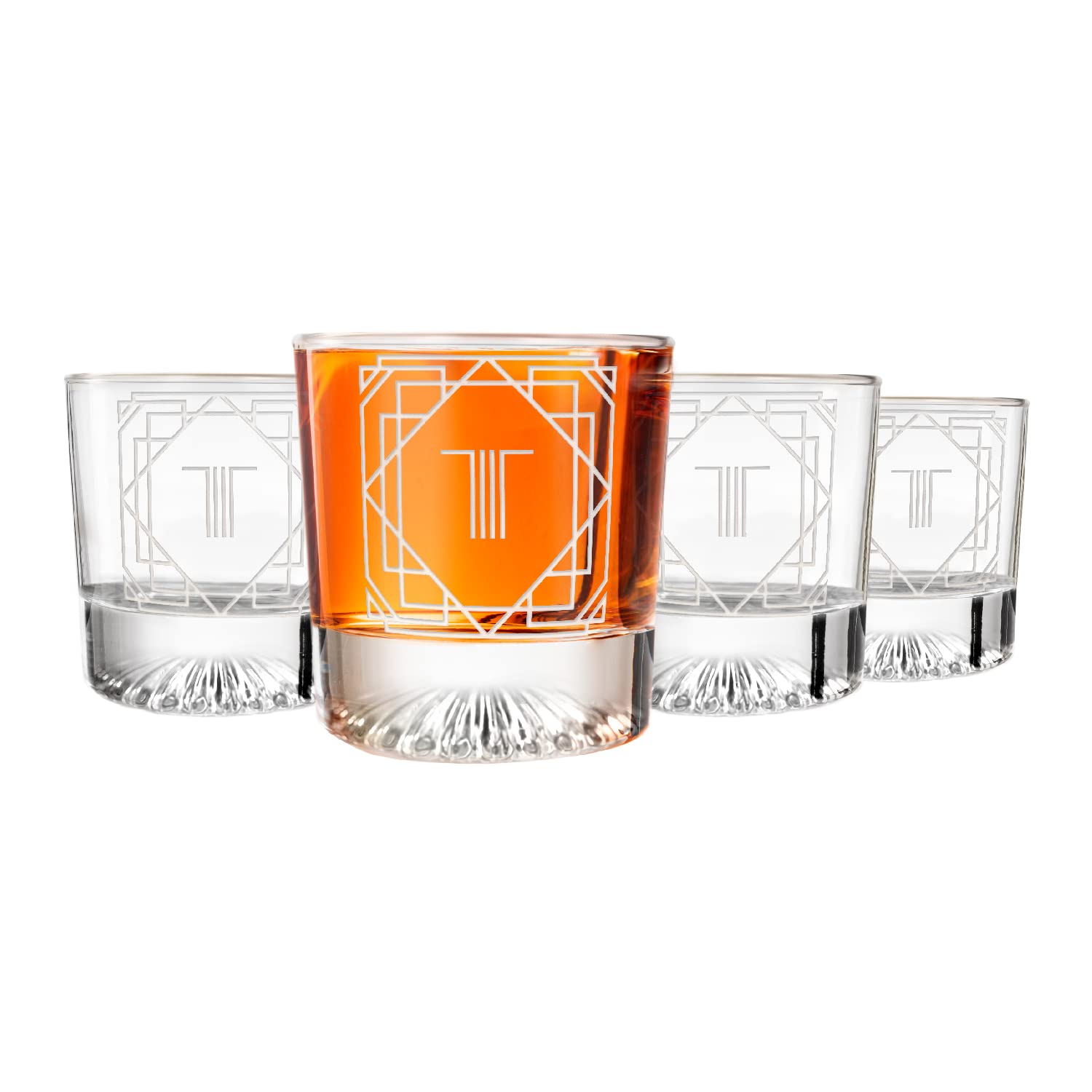 Greenline Goods - Monogram Art Deco Etched Letter T Whiskey Glass Perfect for Bourbon, Scotch, Liquor, Cocktail - Crystal Whiskey Glasses Set of 4 - Best Tasting Experience with Vintage Rocks Glasses