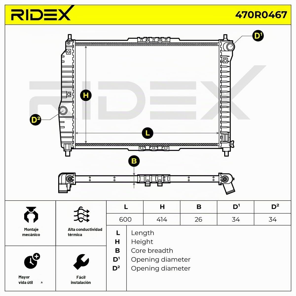 RIDEX 470R0467 Radiador refrigeración del motor Compatible con CHEVROLET KALOS
