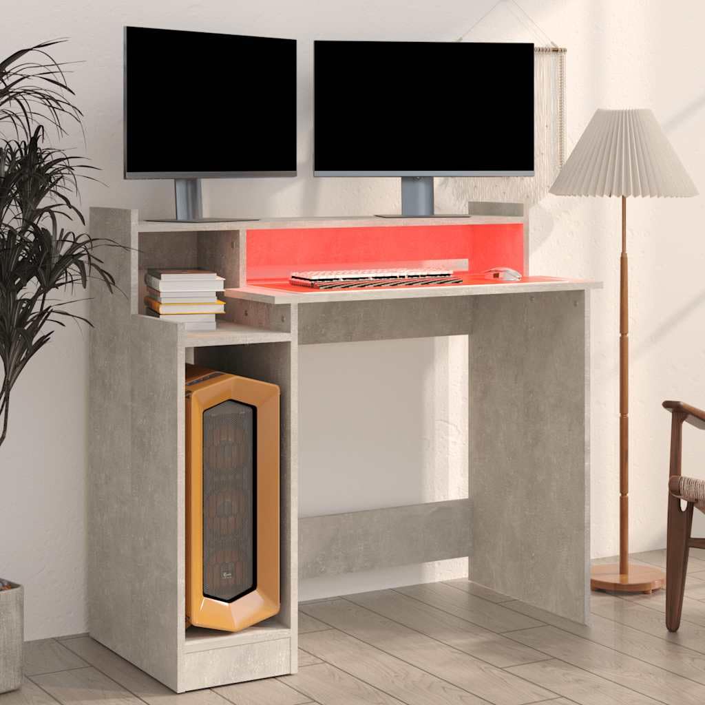 Bureau Gris béton en Bois d'ingénierie 97x45x90 cm avec éclairage LED intégré Poste de Travail Informatique Compact pour télétravail et étude à la Maison Bureau Gamer et étudiant