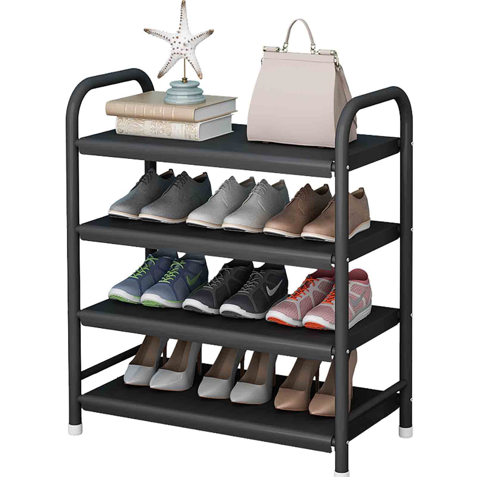 Étagère à chaussures 4 niveaux en acier noir empilable