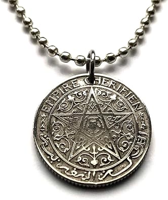 1921 Morocco Maroc 1 Franc coin pendant pentagram star Rabat Fez Casablanca Meknes Marrakesh Tangier Tetouan Sale Maghrebi Arabic Derdja Berber Moor North Africa Barbary Islam Hassaniya amulet n000693