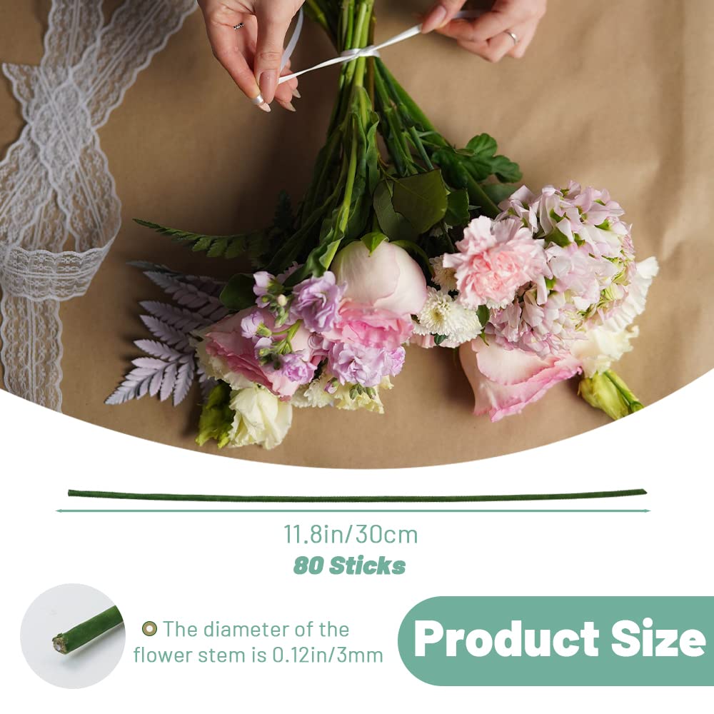 80Pcs Floral Wire, 30cm/11.8in Length 3mm/0.12in Diameter Floral Stems, 18 Gauge Flower Wire Wrapped with Paper, Florist Wire for Artificial Flowers, Wreath, Bouquet (Green)