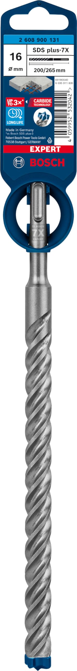 Bosch Professional 1x Broca para martillo Expert SDS plus-7X (para Hormigón armado, Ø 16.00 x 265 mm, accesorios Martillo perforador rotativo)