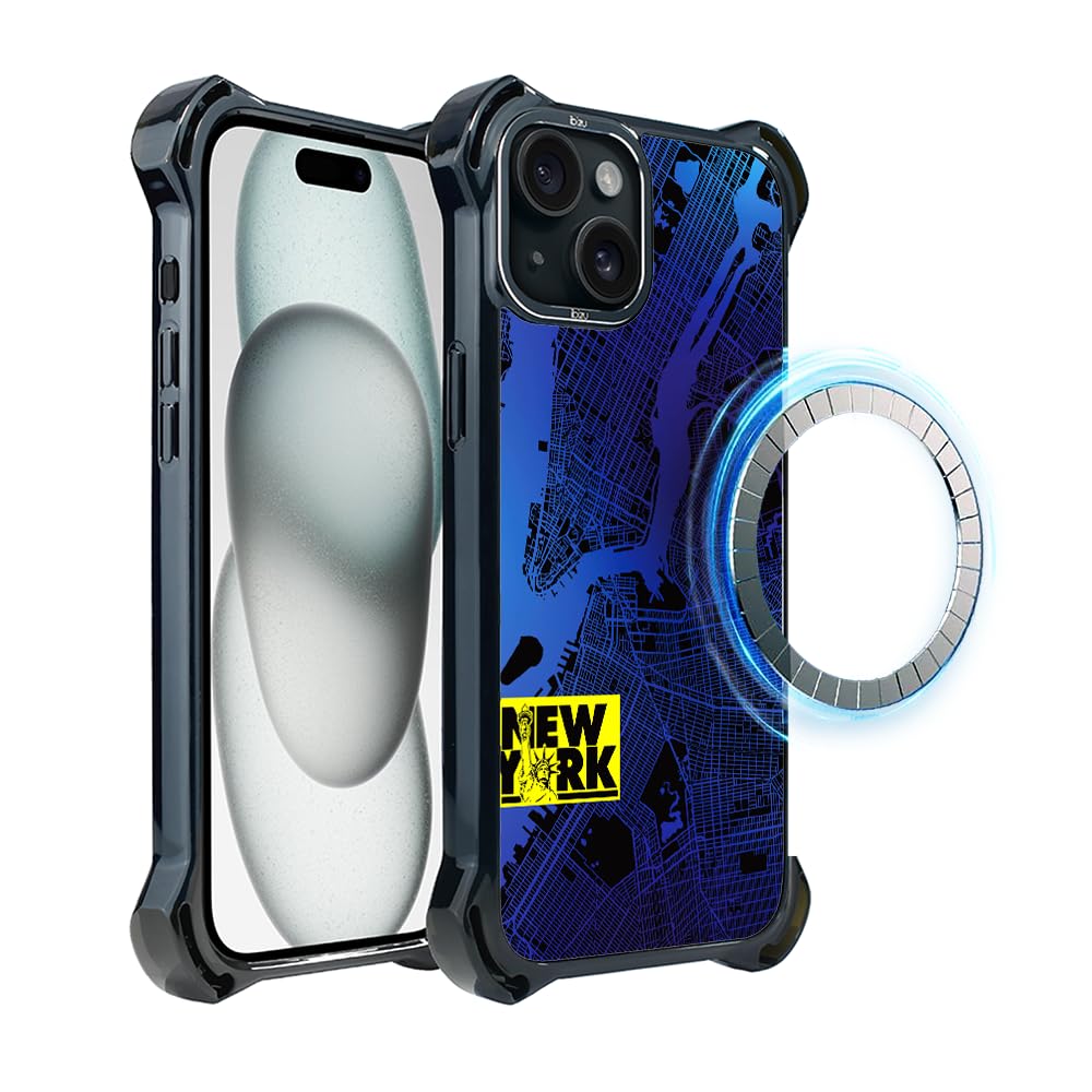 Etui do iPhone 15 IBIZU DropGuard Ultra kompatybilne z MagSafe, mapy świata, New York